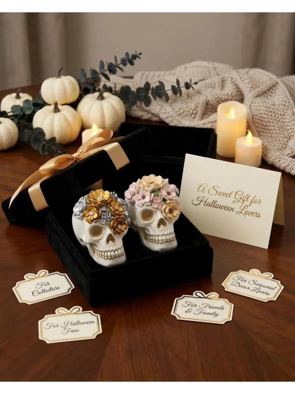 White Cream 2 Gothic Floral Skull Figurines Pastel Resin Halloween Day of Dead